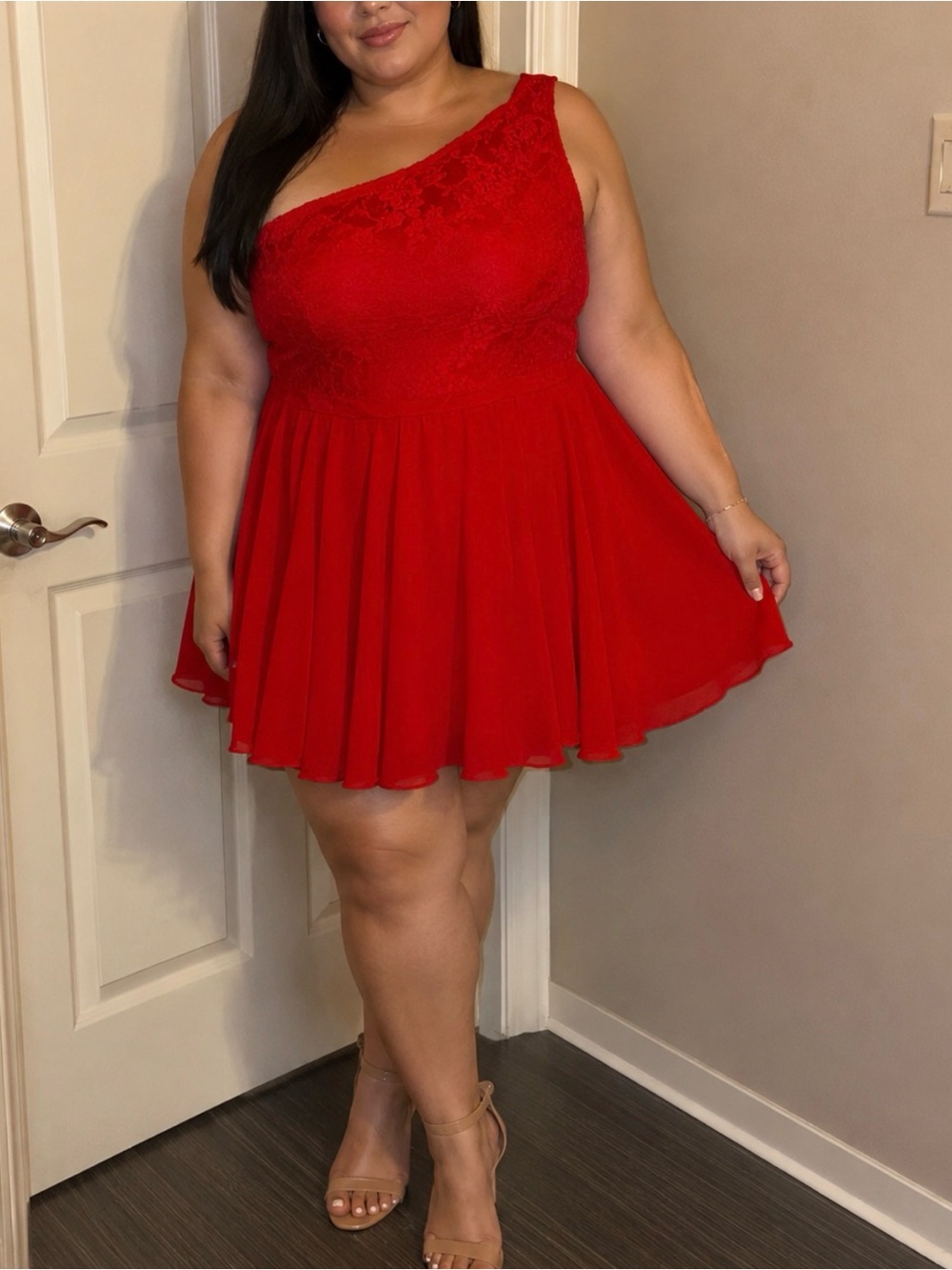 JJs house red formal wedding dress short one shoulder free red woman W39